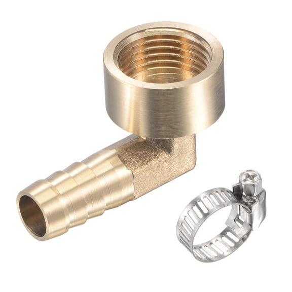 Uxcell Brass Hose Barb Fitting Elbow Female Thread 90 Degree Angle Pipe Connector with Stainless Steel Hose Clamp 12mm