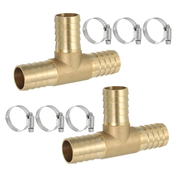 Uxcell Brass Tee Hose Barb Fitting, 3 Ways Union Intersection T Shape Barbed Split with Clamps 1" 2