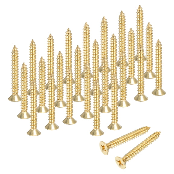 Uxcell Brass Wood Screws, M3.5 x 25mm Phillips Self-Tapping Furniture Connector for Door Hinges, Wood Crafts and Appliances DIY Projects,  Pack of 28