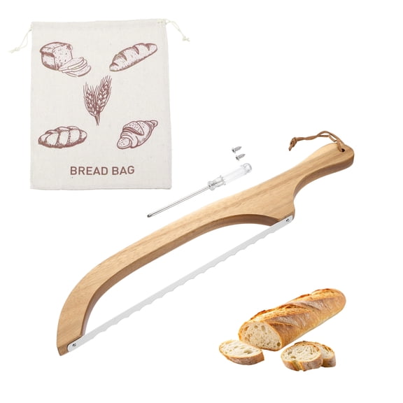 Uxcell Bread Bow Knife, 16" Sourdough Knife with Cover&Bread Bag Wooden Bread Slicer Stainless Steel Single-Sided Serrated Cutter for Homemade Bagels Baking, Deep Teak
