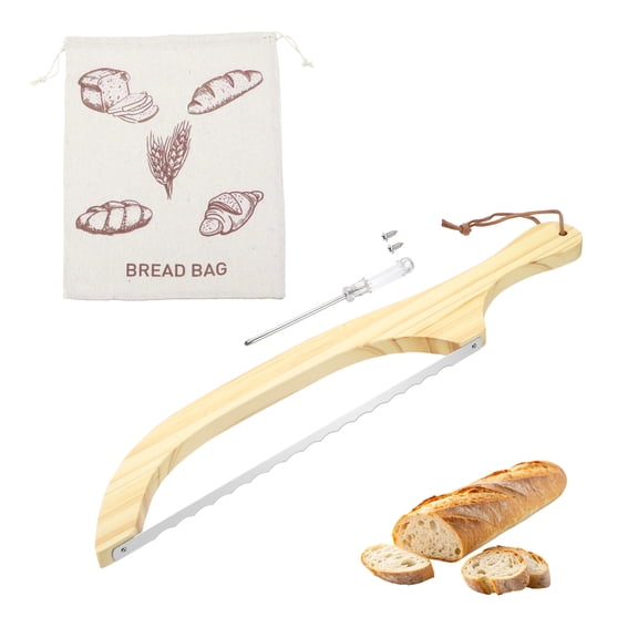 Uxcell Bread Bow Knife, 16" Sourdough Knife with Cover&Bread Bag Wooden Bread Slicer Stainless Steel Single-Sided Serrated Cutter for Homemade Bagels Baking, Natural Pine