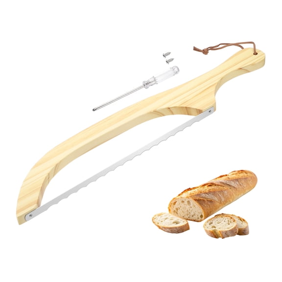 Uxcell Bread Bow Knife, 16" Sourdough Knife with Cover Wooden Bread Slicer Stainless Steel Single-Sided Serrated Cutter for Homemade Bagels Baking, Natural Pine