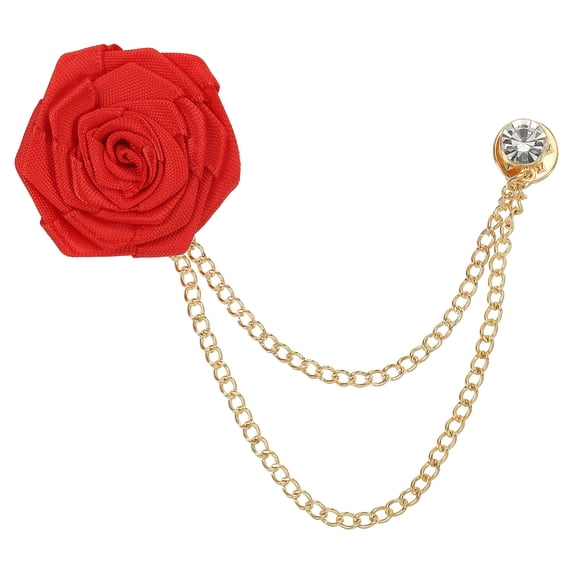 Uxcell Bridegroom Brooches Rose Flower, Cloth Lapel Pin Handmade with Fashion Gold Chain, Deep Red 1 Pcs