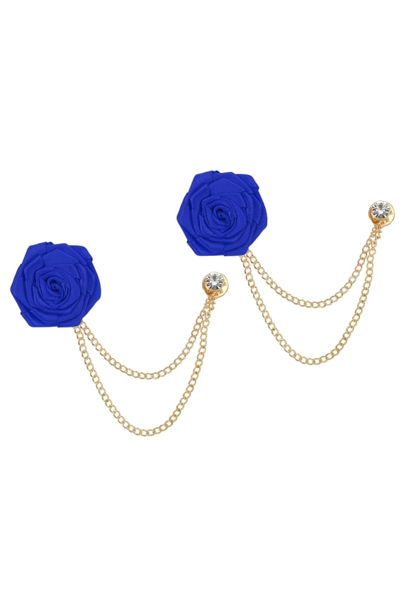 Bridegroom Brooches Rose Flower, Cloth Lapel Pin Handmade with Fashion Gold Chain, Sapphire Blue 2 Pcs