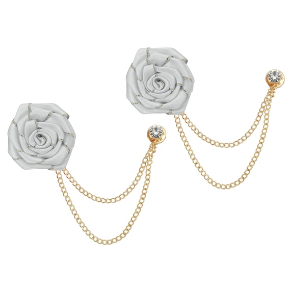 Uxcell Bridegroom Brooches Rose Flower, Cloth Lapel Pin Handmade with Fashion Gold Chain/Trim, Light Grey 2 Pcs