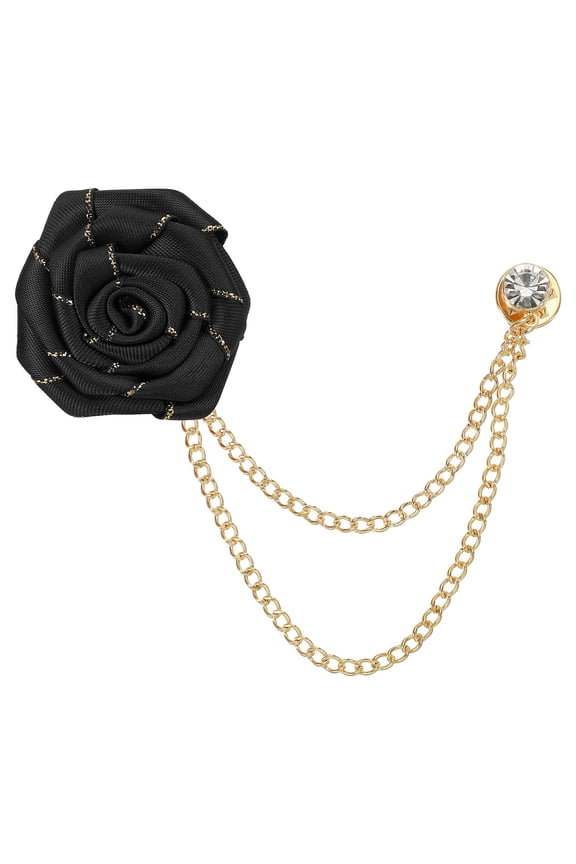 Bridegroom Brooches Rose Flower, Cloth Lapel Pin Handmade with Fashion Gold Trim/Chain, Black 1 Pcs