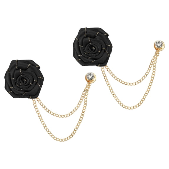 Uxcell Bridegroom Brooches Rose Flower, Cloth Lapel Pin Handmade with Fashion Gold Trim/Chain, Black 2 Pcs