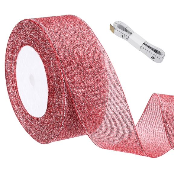Uxcell Bright Red Glitter Ribbon (25 Yards, 1-4/7" Wide) with Silver Thread Sparkly Metallic Fabric Ribbons - Sparkly Practical, for Gift Wrapping Balloons Crafts DIY Decor Holiday