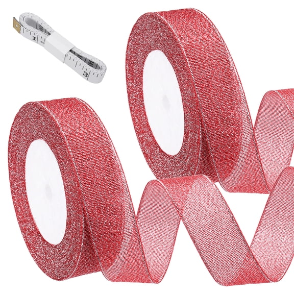 Uxcell Bright Red Glitter Ribbon (25 Yards, 1" Wide) with Silver Thread Sparkly Metallic Fabric Ribbons - Sparkly Practical, for Gift Wrapping Balloons Crafts DIY Decor Holiday