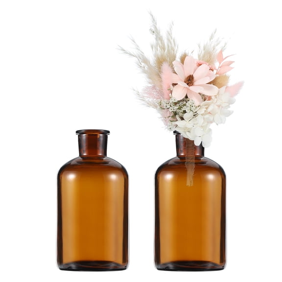 Uxcell Brown Glass Bud Vase Set of 2 Small Flower Vases for Centerpiece Tiny 500ml Narrow mouth Vintage Clear Mini Vases