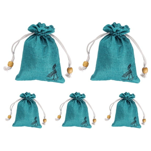 Uxcell Burlap Drawstring Bags, (4 x 5.5 Inch, Blue) (5 Pcs), Embroidered Linen Favor Gift Bags Reusable Jewelry Pouch Sacks, Suit for - Birthday/Wedding/Party/Household Use