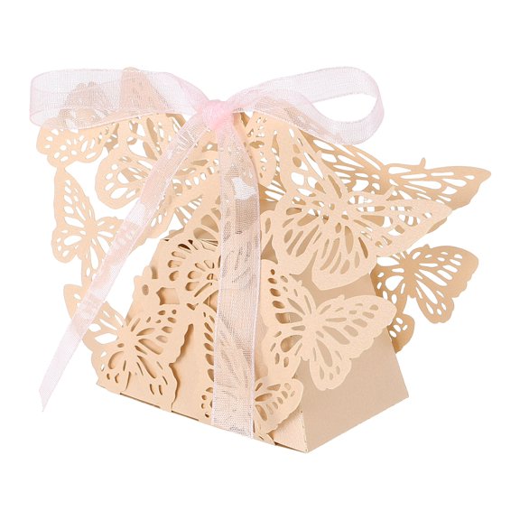 Uxcell Butterfly Hollow Candy Box, (Beige) (50Pcs), Reusable Romantic Cookie Gift Boxes with Ribbons for Wedding/Birthday Party/Anniversary/Baby Shower