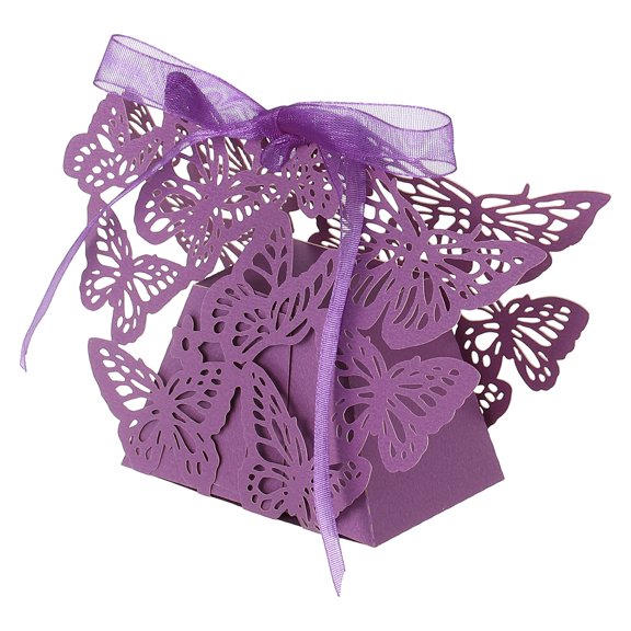 Uxcell Butterfly Hollow Candy Box, (Purple) (50Pcs), Reusable Romantic Cookie Gift Boxes with Ribbons for Wedding/Birthday Party/Anniversary/Baby Shower