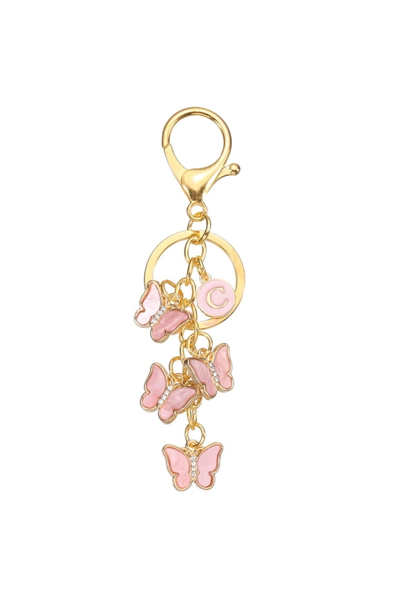 Butterfly Initial Letter Keychain, Alphabet C Personalized Metal Pink Keyring