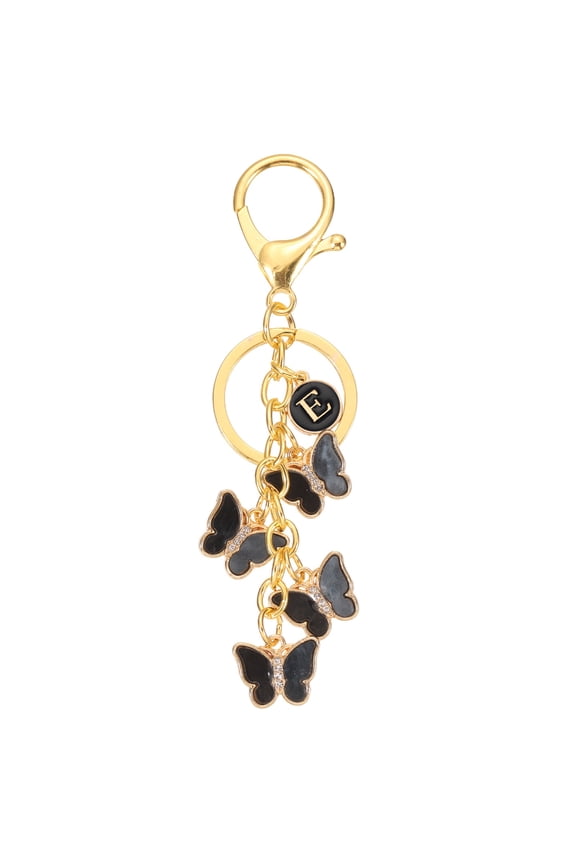 Butterfly Initial Letter Keychain, Alphabet E Personalized Metal Black Keyring