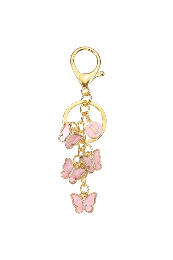 Butterfly Initial Letter Keychain, Alphabet I Personalized Metal Pink Keyring