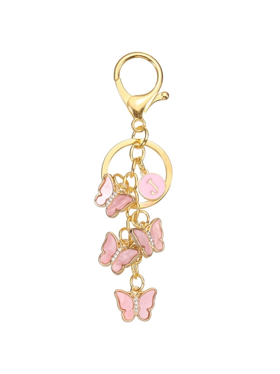 Butterfly Initial Letter Keychain, Alphabet J Personalized Metal Pink Keyring
