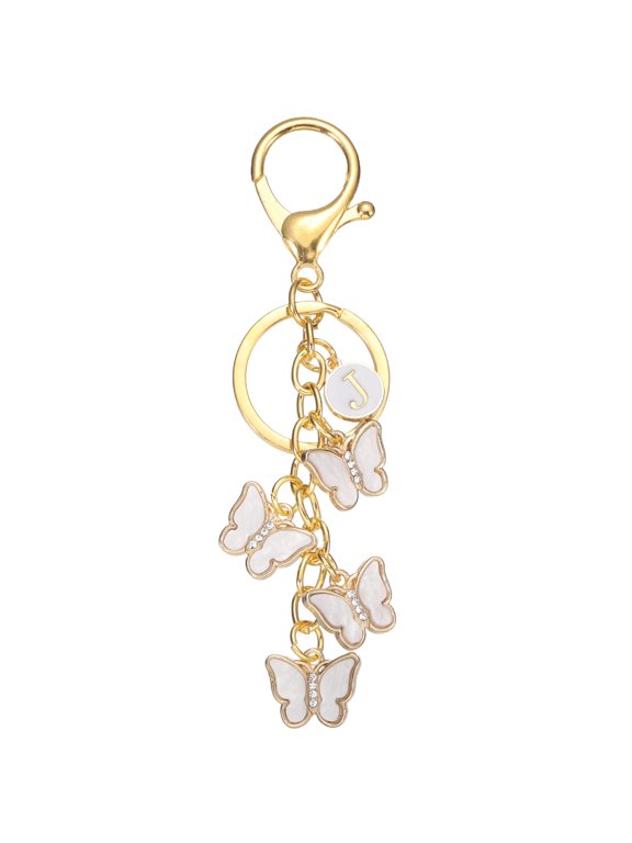Butterfly Initial Letter Keychain, Alphabet J Personalized Metal White Keyring