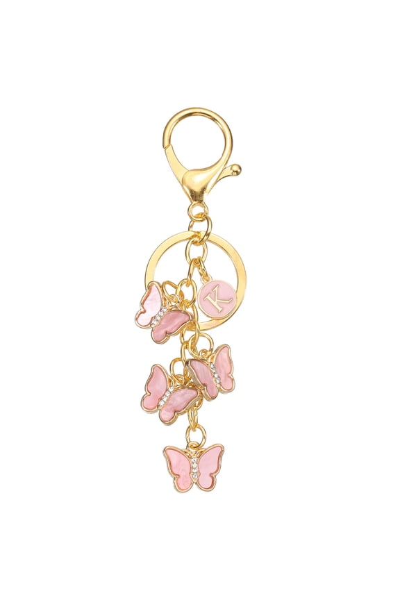 Butterfly Initial Letter Keychain, Alphabet K Personalized Metal Pink Keyring