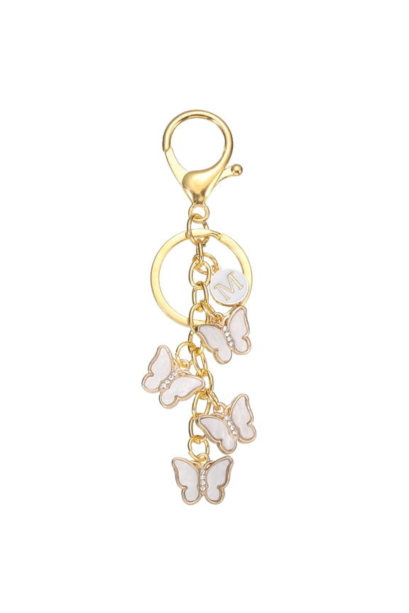 Butterfly Initial Letter Keychain, Alphabet M Personalized Metal White Keyring