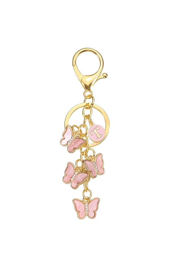 Butterfly Initial Letter Keychain, Alphabet T Personalized Metal Pink Keyring