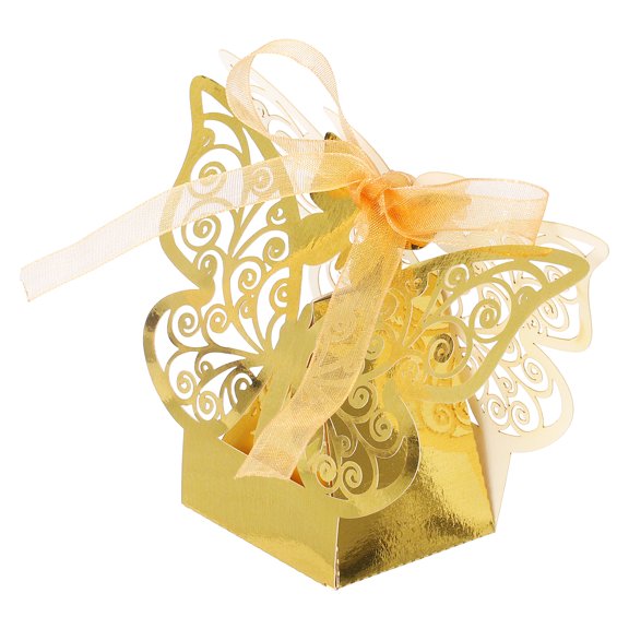 Uxcell Butterfly Laser Cut Favor Boxes, (Gold) (50Pcs), Reusable Colorful Candy Gift Boxes with Ribbons for Wedding/Birthday Party/Anniversary/Baby Shower