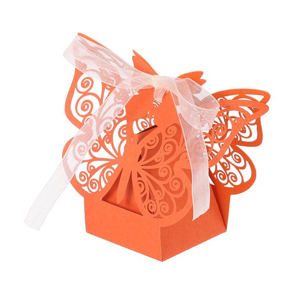 Uxcell Butterfly Laser Cut Favor Boxes, (Orange) (50Pcs), Reusable Colorful Candy Gift Boxes with Ribbons for Wedding/Birthday Party/Anniversary/Baby Shower