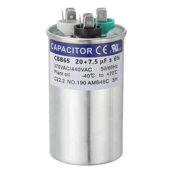 Uxcell CBB65 Capacitor, 20+7.5uF 370-440 VAC 50/60Hz Aluminium CBB65 Air Conditioner Motor Starting Round Capacitor for HVAC Systems, Air Conditioner, Heat Pump