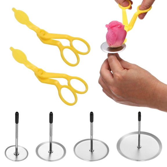 Uxcell Cake Flower Nail Set, Cake Decorating Tool Kit with 2 Plastic Piping Scissors and 4 Silicone-Headed Flower Nails for Fondant Icing Flowers Wedding Birthday Baking, Yellow