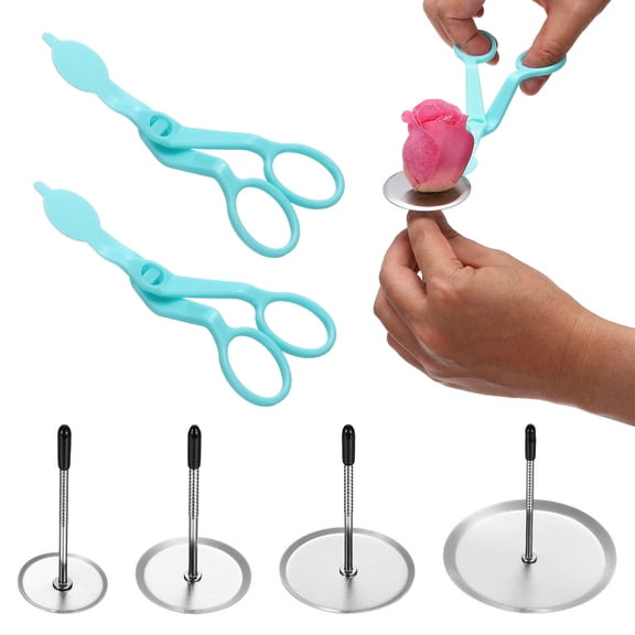 Uxcell Cake Flower Nail Set, Cake Decorating Tool Kit with 2 Plastic Piping Scissors and 4 Silicone-Headed Flower Nails for Fondant Icing Flowers Wedding Birthday Baking, Blue