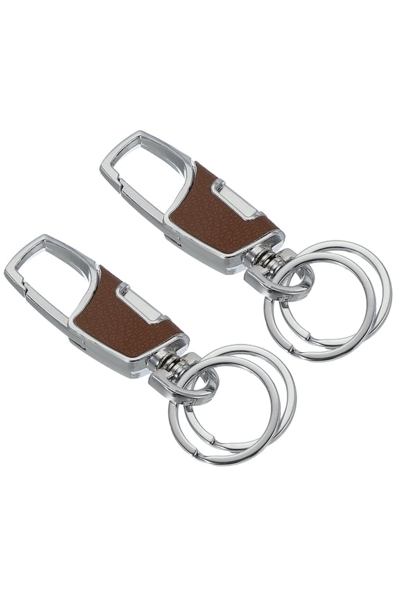 Car Key Chain, 2 Pack Leather Keychain Stainless Steel Buckle Keys Holder with 2 Rings, Brown
