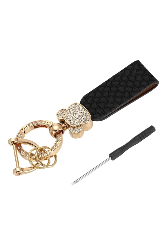 Car Key Chain Ring Clip 4.45 inch Leather Key Fob Wristlet Keychain with D Ring Keyrings Black Gold