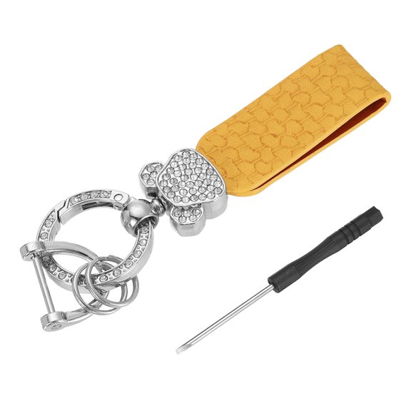 Uxcell Car Key Chain Ring Clip 4.45 inch Leather Key Fob Wristlet Keychain with D Ring Keyrings Yellow Silver