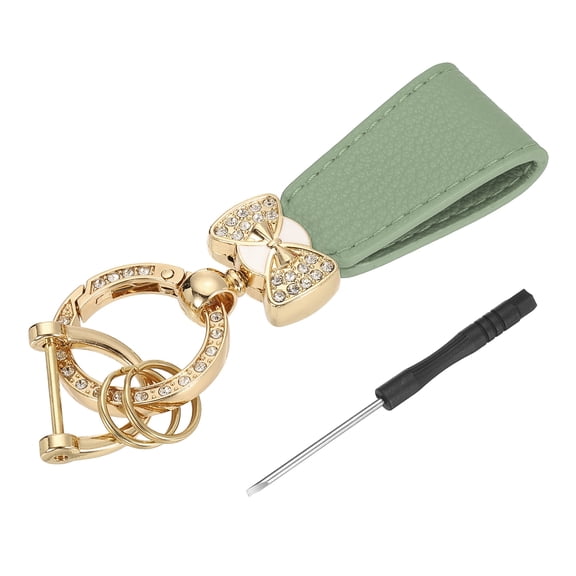 Uxcell Car Key Chain Ring Clip 3.94 inch Leather Key Fob Wristlet Keychain with Anti-Lost D Ring & Keyrings Green Gold