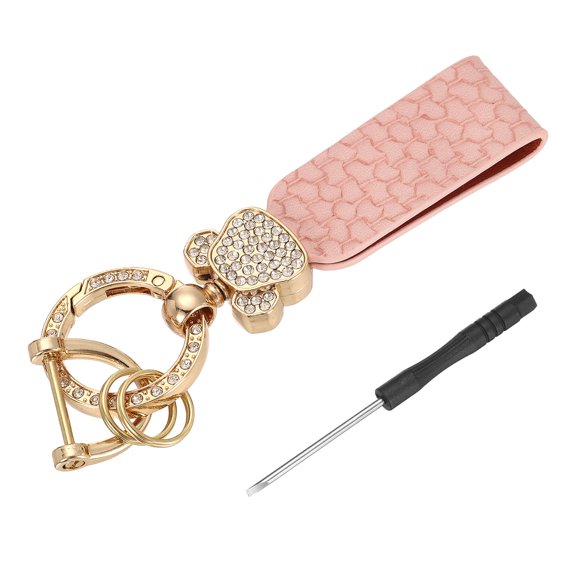 Uxcell Car Key Chain Ring Clip 4.45 inch Leather Key Fob Wristlet Keychain with D Ring Keyrings Pink Gold