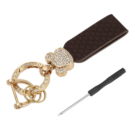 Uxcell Car Key Chain Ring Clip 4.45 inch Leather Key Fob Wristlet Keychain with D Ring Keyrings Dark Brown Gold