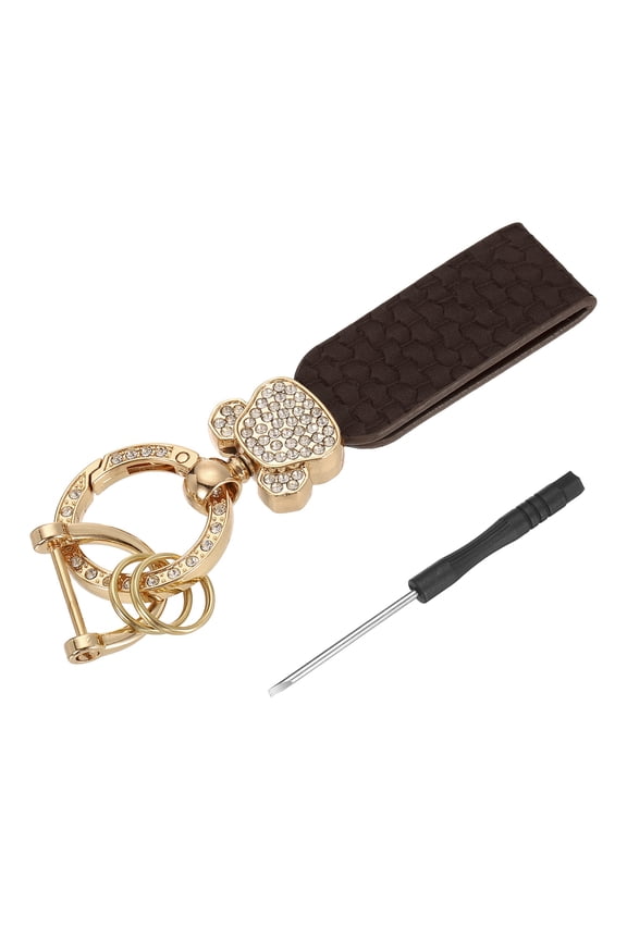 Car Key Chain Ring Clip 4.45 inch Leather Key Fob Wristlet Keychain with D Ring Keyrings Dark Brown Gold
