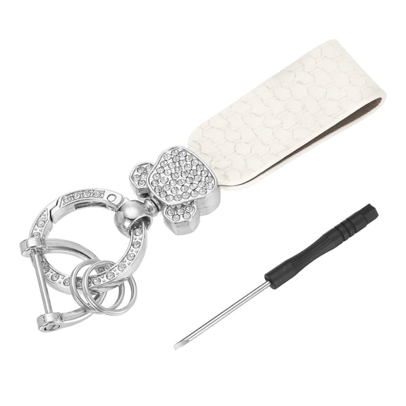 Uxcell Car Key Chain Ring Clip 4.45 inch Leather Key Fob Wristlet Keychain with D Ring Keyrings White Silver