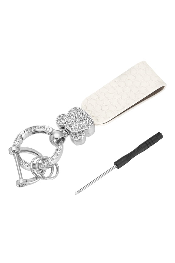 Car Key Chain Ring Clip 4.45 inch Leather Key Fob Wristlet Keychain with D Ring Keyrings White Silver