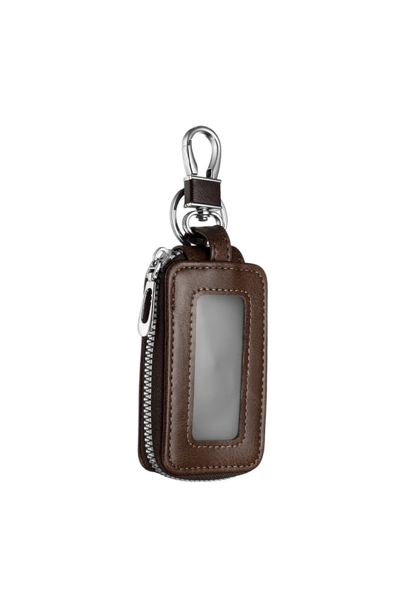 Car Key Fob Case Genuine Leather RFID Smart Key Chain Keychain Holder with Metal Hook Keyring Zipper Bag Brown