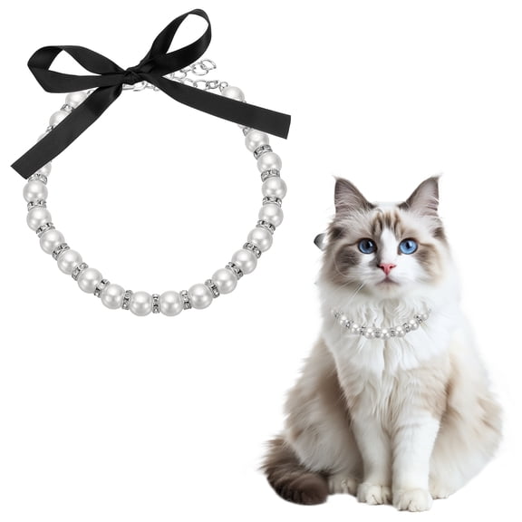 Uxcell Cat Collar Pearl Necklace, 13 Inch Dog Pearl Necklace Collar with Ribbon Bow (White, M) for Puppies/Dogs Cats