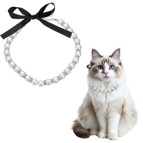 Uxcell Cat Collar Pearl Necklace, 15 Inch Dog Pearl Necklace Collar with Ribbon Bow (White, L) for Puppies/Dogs Cats