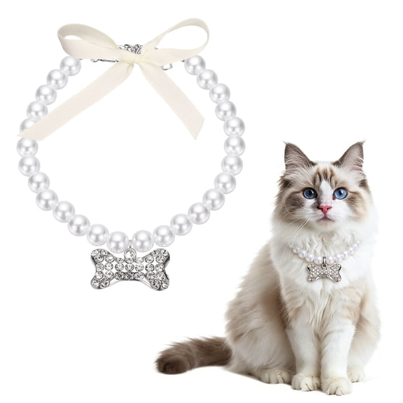 Uxcell Cat Dog Pearl Collar, Small Bow Shape Rhinestone Cute Cat Collar Necklace Adjustable (M, White), for Wedding Party Pet Jewelry Accessories Puppies Kitten