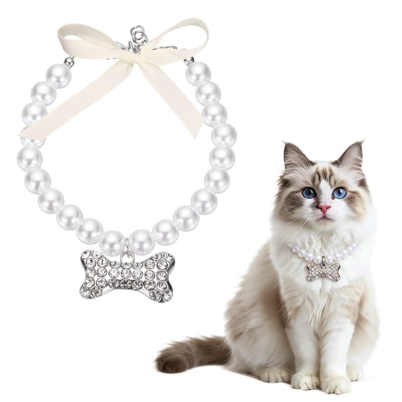 Uxcell Cat Dog Pearl Collar, Small Bow Shape Rhinestone Cute Cat Collar Necklace Adjustable (S, White), for Wedding Party Pet Jewelry Accessories Puppies Kitten