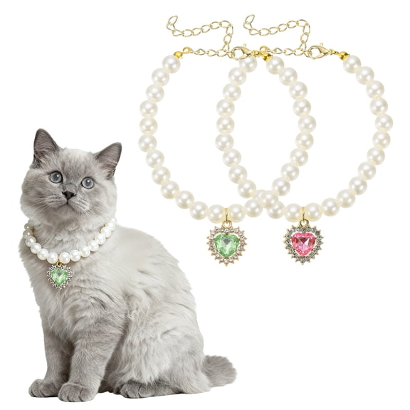 Uxcell Cat Dog Pearl Collar, Small Heart Shape Rhinestone Cute Cat Collar Necklace Adjustable (S, Pink/Green, 2Pcs ), for Wedding Party Pet Jewelry Accessories Puppies Kitten