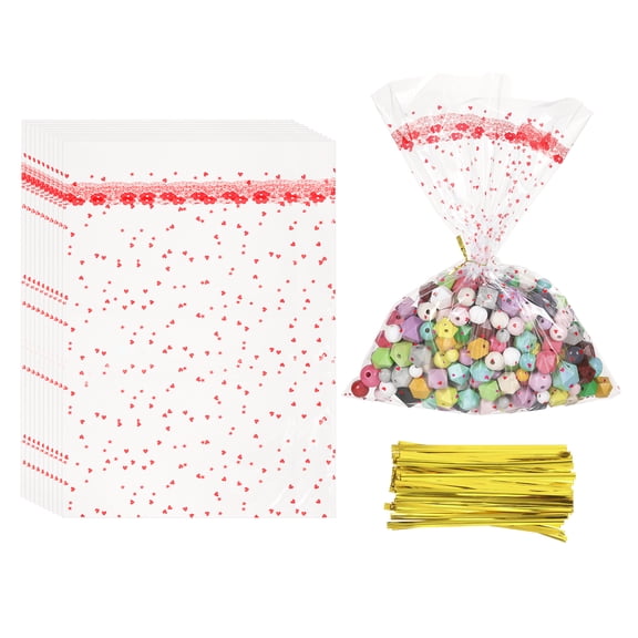 Uxcell Cello Treat Bags, (14x10 Inch, Red) (100 Pcs) Clear Party Favor Bag Plastic Gift Wrap Goodie Storage with Twist Ties, Suit for - Birthday/Candies/Cookies/Christmas