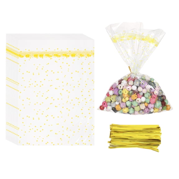 Uxcell Cello Treat Bags, (14x10 Inch, Yellow) (100 Pcs) Clear Party Favor Bag Plastic Gift Wrap Goodie Storage with Twist Ties, Suit for - Birthday/Candies/Cookies/Christmas