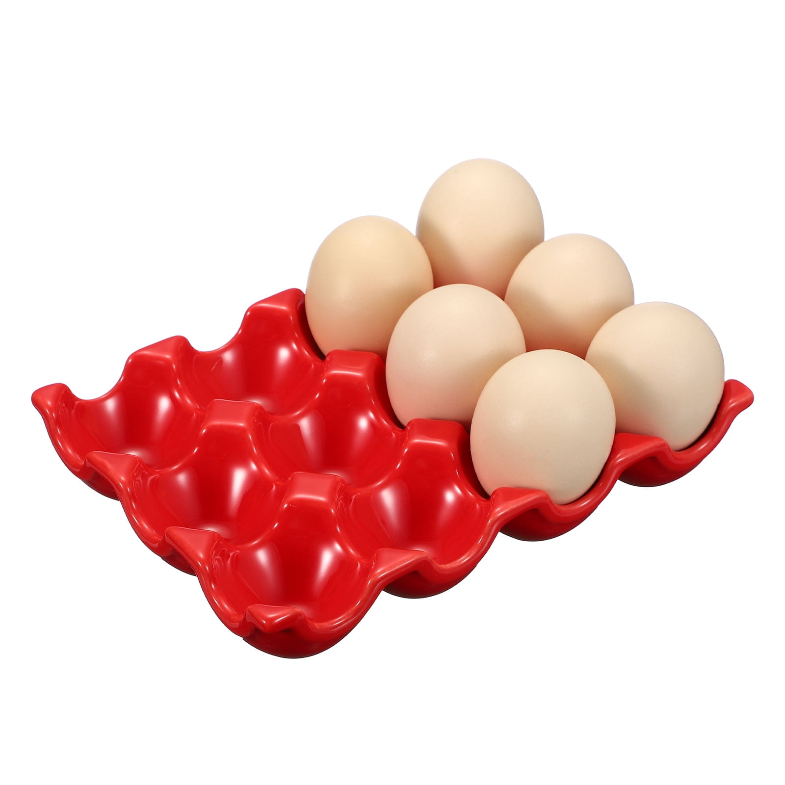 Uxcell Ceramic 12 Cups Egg Tray Holder, Porcelain Eggs Container for Home Countertop Kitchen Storage Refrigerator Fridge Decorative Serving Display, Red