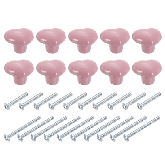 Uxcell Ceramic Cabinet Knobs, 10 Pack Pink Heart Shaped Drawer Knobs, 36mm/1.42" Dresser Knob Pulls Handle with Screws for Vanity