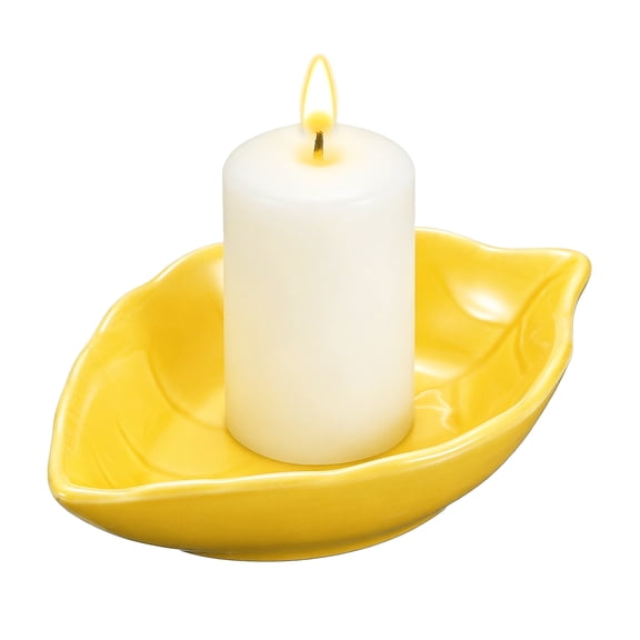 Uxcell Ceramic Candle Holder Plates, 4.3 x 3'' Leaf Shaped Candlestick Holder Decorative Dish Small Candle Plate for Tea Light Aromatherapy Wedding Rustic Vintage Home, Yellow